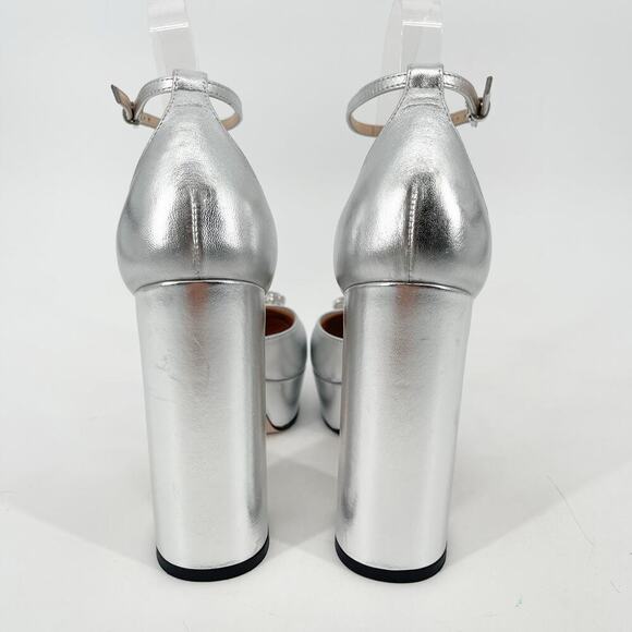 Gucci Silver Metallic Crystal GG Platform Ankle Strap Block Heel Pumps EU 37.5 - Picture 9 of 16